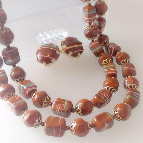 Vintage Mid-Century Chocolate Brown Candy Striped Double Strand Beaded Necklace - Picture 2 of 6